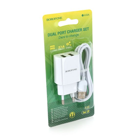 Набір BOROFONE BA53A СЗУ 2xUSB+ кабель Lighting, 2.1A, 1м, White, Blister | Зображення 1