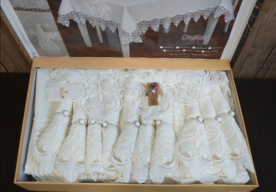 Льняная скатерть с ранером Selin Cagla Set 160×220+12 салфеток Кремовая | Зображення 3