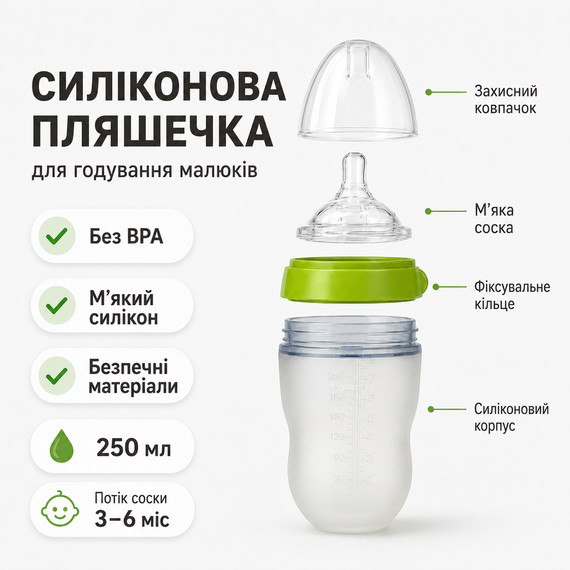 Антиколікова пляшечка для годування Comotomo Baby Bottle 250 мл, силіконова пляшечка 3–6 міс, зелена | Зображення 3