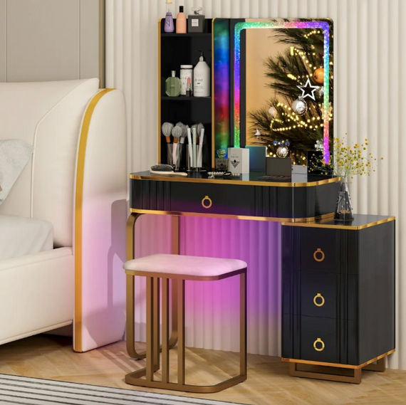 Туалетний столик Costway Vicci з пуфом + дзеркало LED чорний | Зображення 2