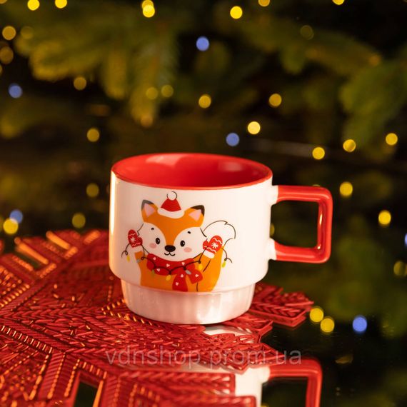 Новогодняя фарфоровая Новогодним лис 400 (мл) Белая с красным Yiwu FM-CS-50L