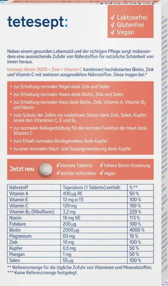 Вітаміни Tetesept Biotin 2000 Тетесепт Біотин 2000 для волосся, нігтів, шкіри | Зображення 1