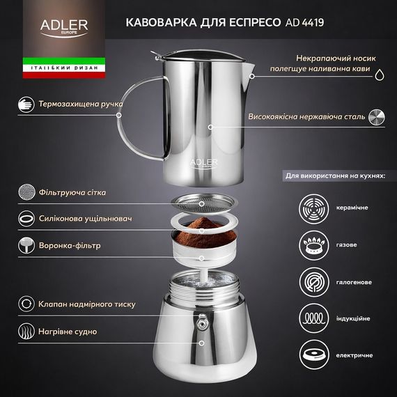 Кавоварка гейзерна Adler AD 4419, 350 мл для індукції нержавіюча сталь | Зображення 8