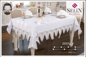 Льняная скатерть с ранером Selin Zeynep Set 160×220+8 салфеток кремовая