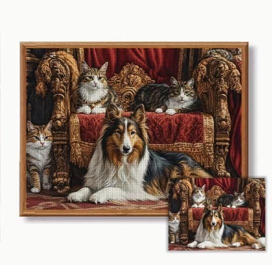 Набір для вишивання JOZYSH «Королівський затишок: Коллі та коти» 14CT, 30x40 см, канва Аїду з нанесеним малюнком | Зображення 7