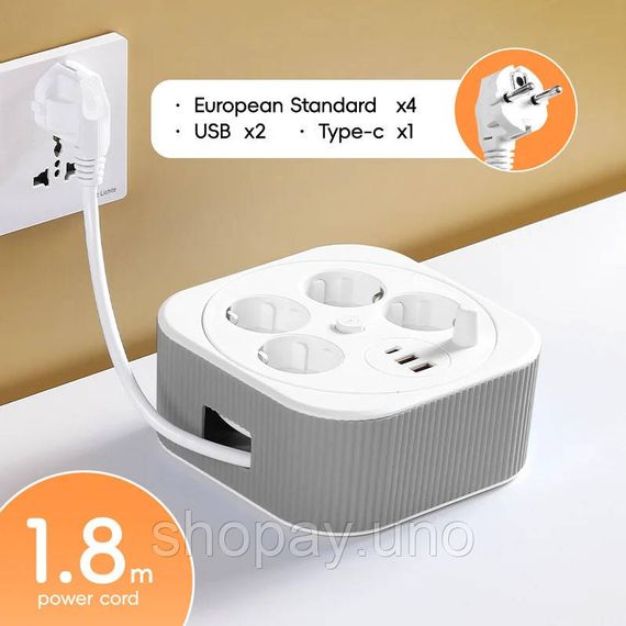 Мережевий подовжувач-фільтр A107/PNS-05 білий 4 м з LED-індикатором, 4 розетками 220V, 2 USB і PD Type-C | Зображення 2
