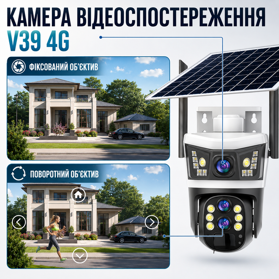 Вулична камера відеоспостереження 4G 12 Мп із сонячною панеллю і 3 об'єктивами V39 | Зображення 4