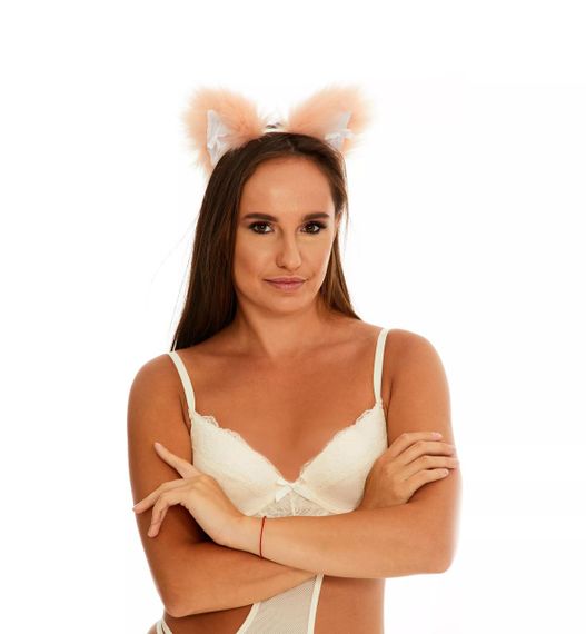 Хутряні вушка кішки з бантиком, Персикові з білим OKOVA Sex Aura