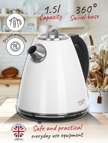 Електрочайник з нержавіючої сталі Adler AD 1343 білий 1,5 л, 2200 Вт | Зображення 8