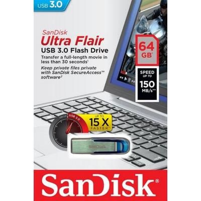 USB флеш накопичувач SanDisk 64GB Ultra Flair Blue USB 3.0 (SDCZ73-064G-G46B) | Зображення 5