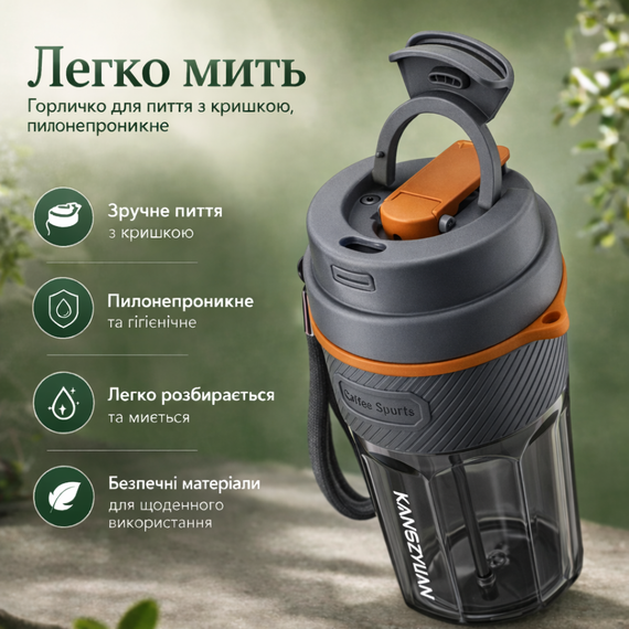 Кружка для кофе и чая с собой 550 мл KANGZYUAN, стакан для воды из тритана с крышкой, серая | Зображення 4