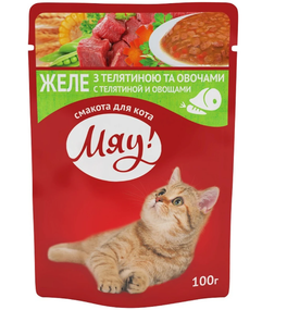Вологий корм пауч Мяу! для дорослих котів, телятина з овочами у желе 100г