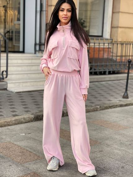 Женский велюровый спортивный костюм с штанами палаццо JA0282 цвет розовый, размер 42/44