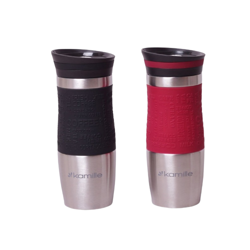 Термочашка 380мл з TPR вставкою нержавіюча сталь (чорний, червоний) KAMILLE 2069