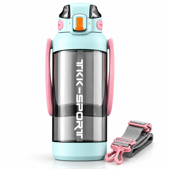 Бутылка для воды TKK 1400 мл бирюзовая спортивная из тритана Tritan BPA Free, с трубочкой, ручкой и ремешком