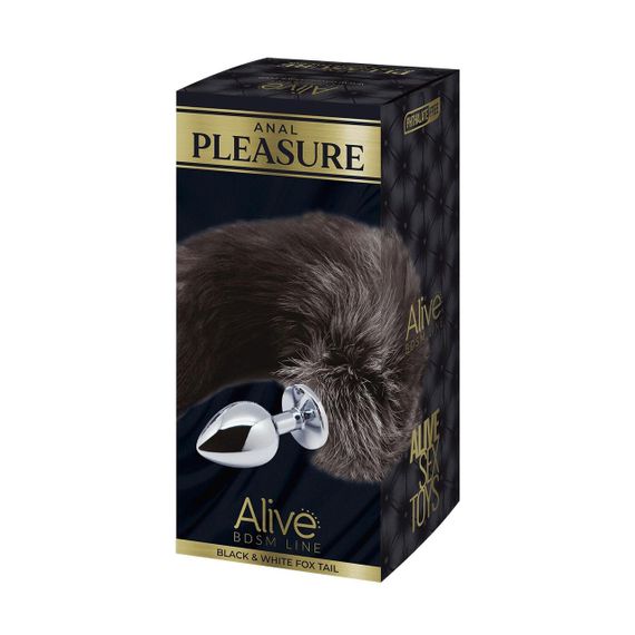 Металлическая анальная пробка Лисий хвост Alive Black And White Fox Tail M, диаметр 3,4 см | Зображення 4