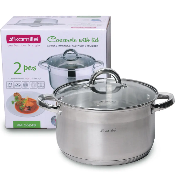 Каструля нержавіюча сталь 6,5л з кришкою порожнисті ручки 5624S KAMILLE