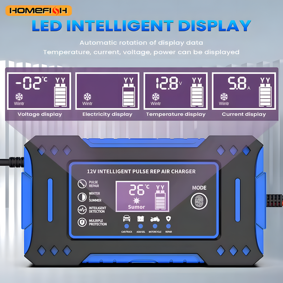Інтелектуальний зарядний пристрій для акумулятора 12 V 6 A з LCD-дисплеєм для автомобілів і мотоциклів | Зображення 2