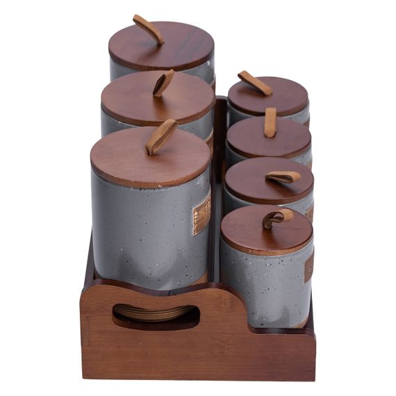 Банки для сипучих продуктів набір 9 штук на бамбуковій підставці з кришками 36.5×20.5×22 см Сірий HP-26-2G | Зображення 1
