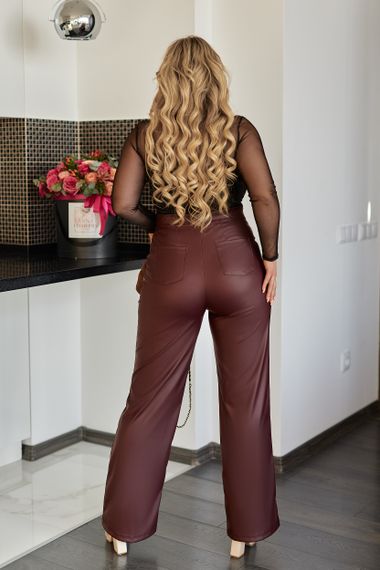 Женские кожаные классические прямые брюки больших размеров Gf1719 цвет бордовый, размер 50 | Зображення 3