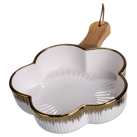 Тарелка фарфоровая глубокая с ручкой Цветок 27×20×5 (см) блюдо сервировочное с ручкой  для подачи тарелка сковорода Золото | Зображення 1