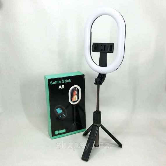 Монопод-штатив для селфі з кільцевою LED лампою Selfie Stick A8 телескопічний з пультом та Bluetooth | Зображення 1