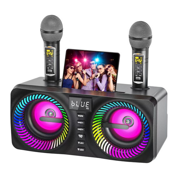 Портативная Караоке Система SDRD на Два Беспроводных Микрофона с Профессиональным Звукоснимателем + RGB Светомузыка SD218