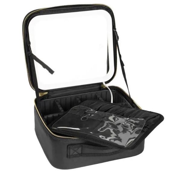 Портативная косметичка органайзер дорожный бьюти кейс с ручкой для переноски зеркалом и светодиодной | Зображення 5