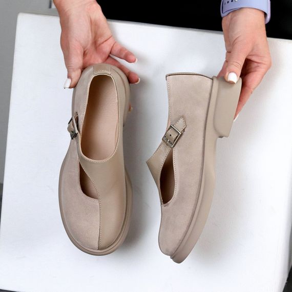 Дизайнерські туфлі бежеві натуральна шкіра + замша низький хід | Зображення 1