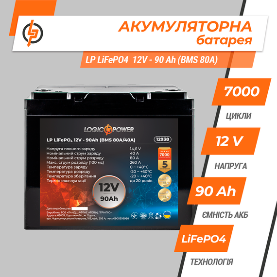 Аккумулятор LP LiFePO4 12V (12,8V) - 90 Ah (1152Wh) (BMS 80A/40A) пластик | Зображення 2