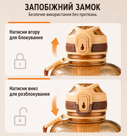 Бутылка для воды KANGZYUAN 2200 мл Tritan BPA Free Оранжевая (с ручкой и ремешком) | Зображення 8