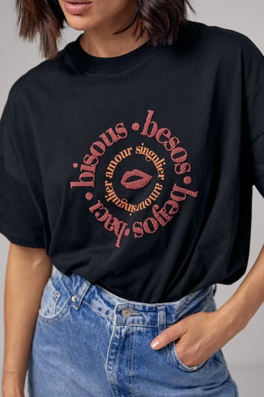 Женская хлопковая футболка с принтом Bisous - черный цвет, L (есть размеры) | Зображення 3
