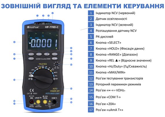 Мультиметр HoldPeak HP-770D-C профессиональный цифровой (TrueRMS 40000 отсчетов 1000В 20А AC/DC 40МОм 100мФ 10 | Зображення 4