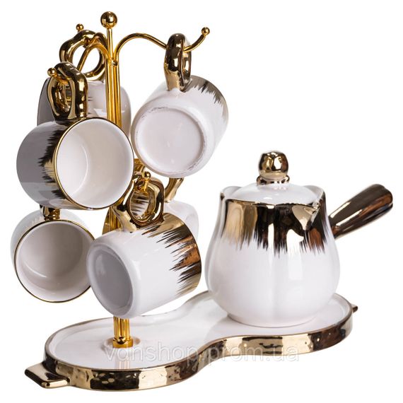 Кавовий сервіз на підставці з туркою 450 (мл) 6 чашок по 90 (мл) подарунковий набір чашок на підставці Білий із золотом FM-JJ-3 | Зображення 4