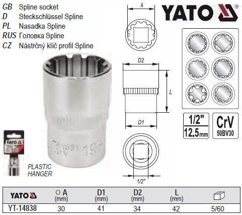Головка торцевая Spline 1/2" M30х42 мм Польша YATO YT-14838