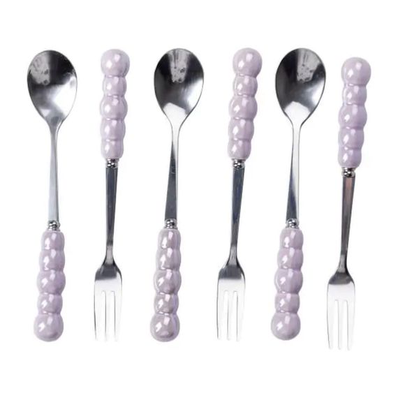 Набор десертных вилок и ложек на 3 персоны с подставкой из фарфора 7 предметов Фиолетовый HP-20-59 | Зображення 3