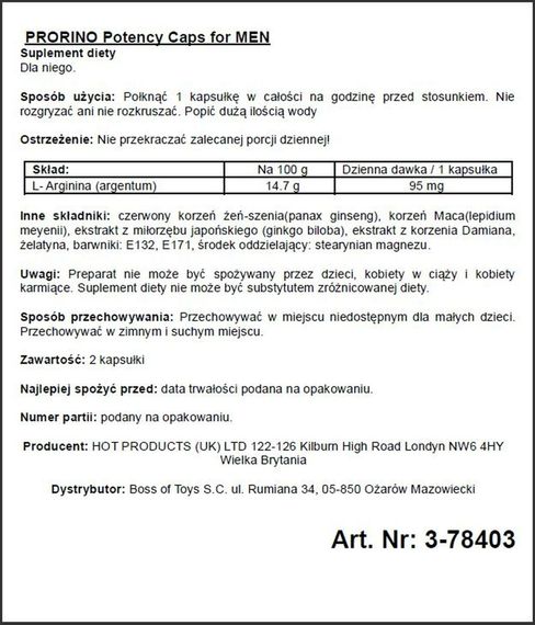 Капсули для потенції PRORINO Potency Caps for men (ціна за 2 капсули в упаковці) | Зображення 1