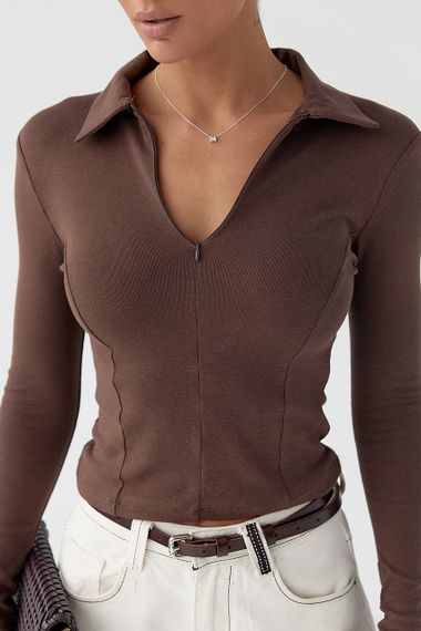 Укорочений лонг-поло із блискавкою на горловині - темно-коричневий цвет, M (є розміри) | Зображення 3