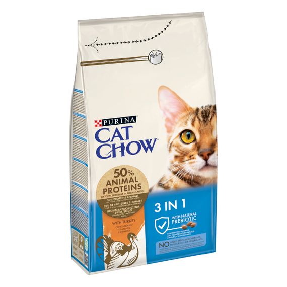 Cat Chow® Feline. З індичкою. Сухий повнораціонний корм для дорослих котів з формулою потрійної дії 3 в 1 1.5 кг