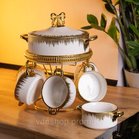 Суповой сервиз на 6 персон супница 2 (л) на подставке с бульонницами 400 (мл) тарелки для супа Белый с золотом FM-A23-2