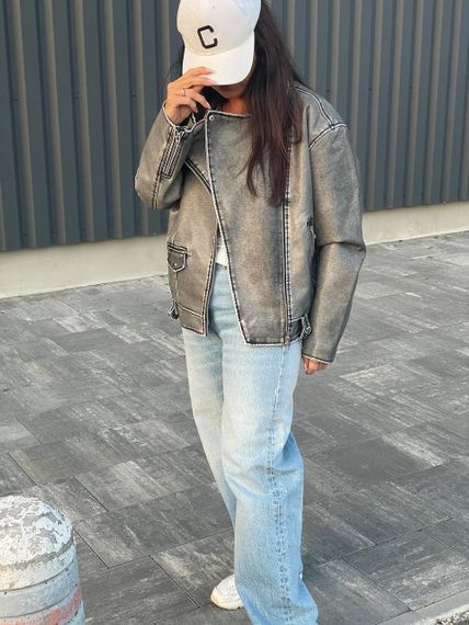 Женская куртка косуха с потертостями эко кожа цвет серый, размер M  Nb02357 | Зображення 1