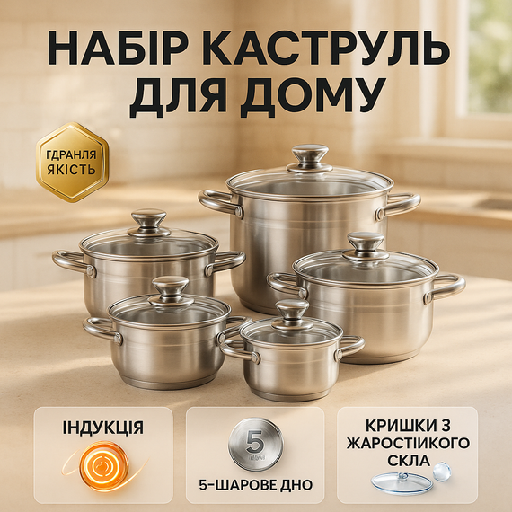 Набір каструль з антипригарним покриттям UNIQUE UN-5034 10 шт, Комплект металевих каструль NY-37
