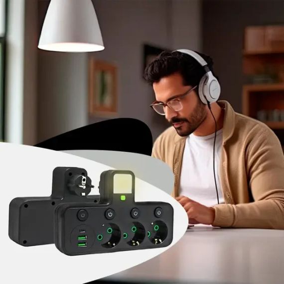 Розетка 9-в-1 європейського стилю з вимикачем, зарядним пристроєм USB та вогнестійкою/вибухозахищеною конструкцією для кухні, | Зображення 1