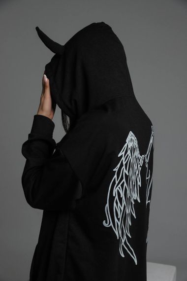 Женское теплое худи оверсайз с рожками на флисе, RO124/1, цвет черный, размер 42/46 | Зображення 1