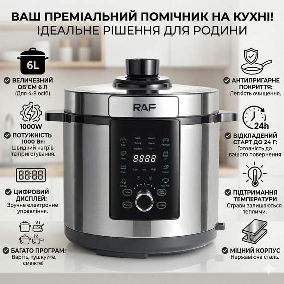Электрическая мультиварка на 6л с цифровым дисплеем и таймером RAF R.184 1000W
