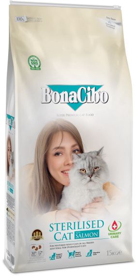 Сухой корм с лососем для стерилизованных котов BonaCibo Adult Cat Sterilised Salmon, 15 кг