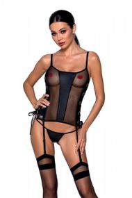 Сетчатый корсет с люверсами и съемными пажами Passion MALWIA CORSET 2XL/3XL black, эко-кожа, стринги Sex Aura