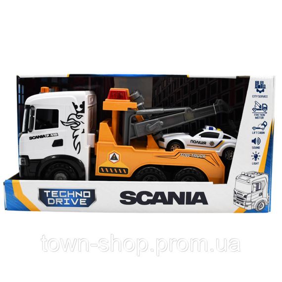 Игровой набор Эвакуатор Scania с машиной полиции TechnoDrive 3004KS серии Mid Truck