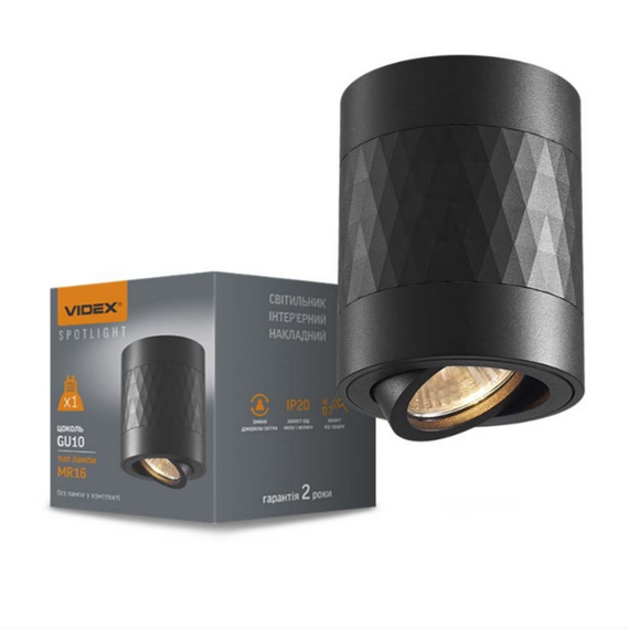 LED Світильник накладний під лампу GU10 чорний +чорна призма VL-SPF04A-BPB Videx