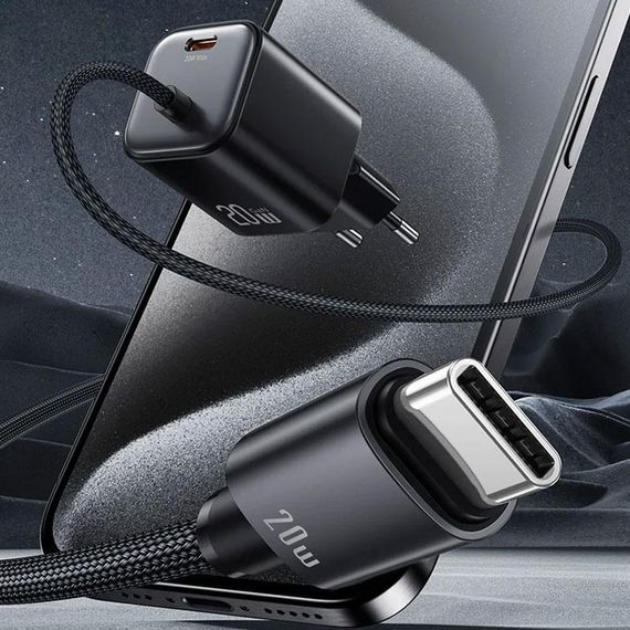 СЗУ Usams US-CC261 GaN JC Ser. 20W (2USB-C) + кабель Type-C to Type-C Black | Зображення 1